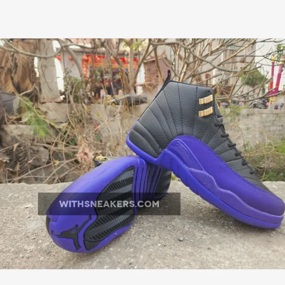 Air Jordan 12 Black Field Purple Taxi Gold Sneakers with Gold Accents. CT8013-057