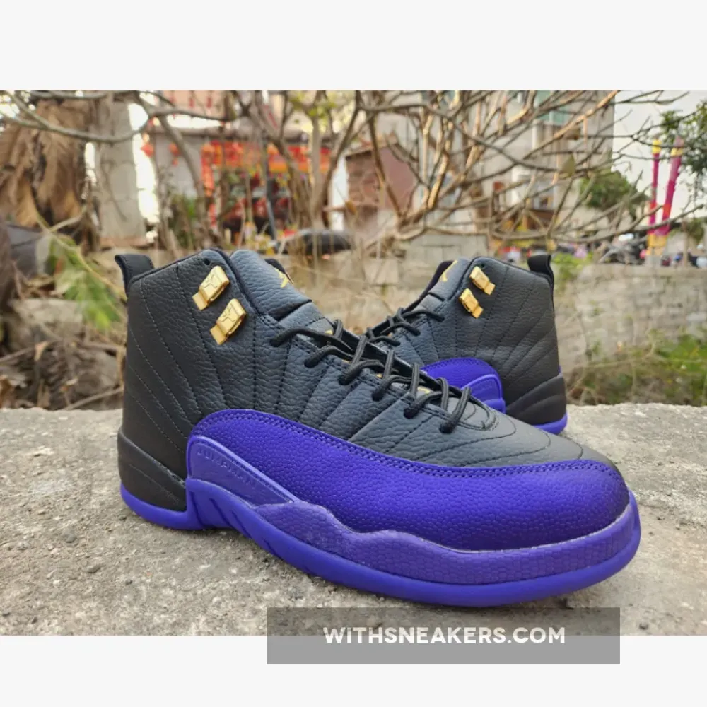 Air Jordan 12 Black Field Purple Taxi Gold Sneakers with Gold Accents. CT8013-057