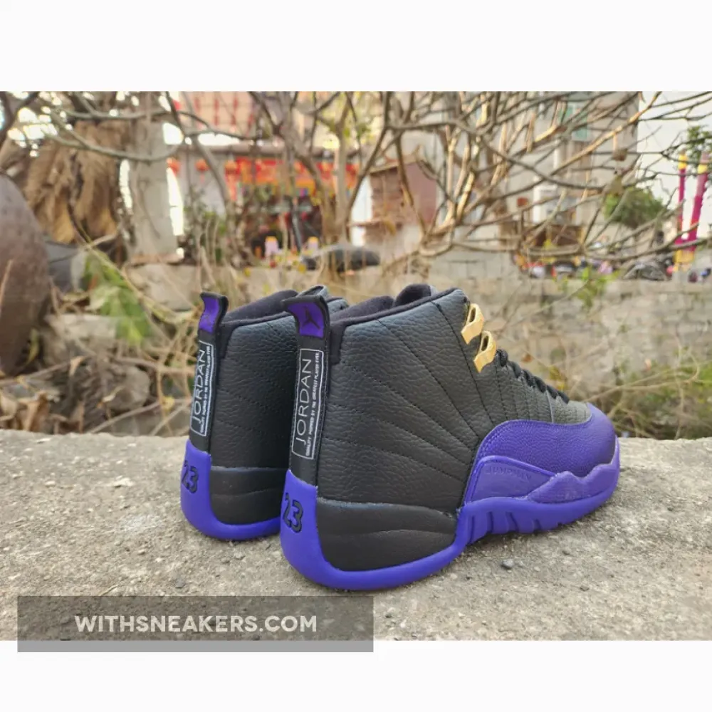 Air Jordan 12 Black Field Purple Taxi Gold Sneakers with Gold Accents. CT8013-057