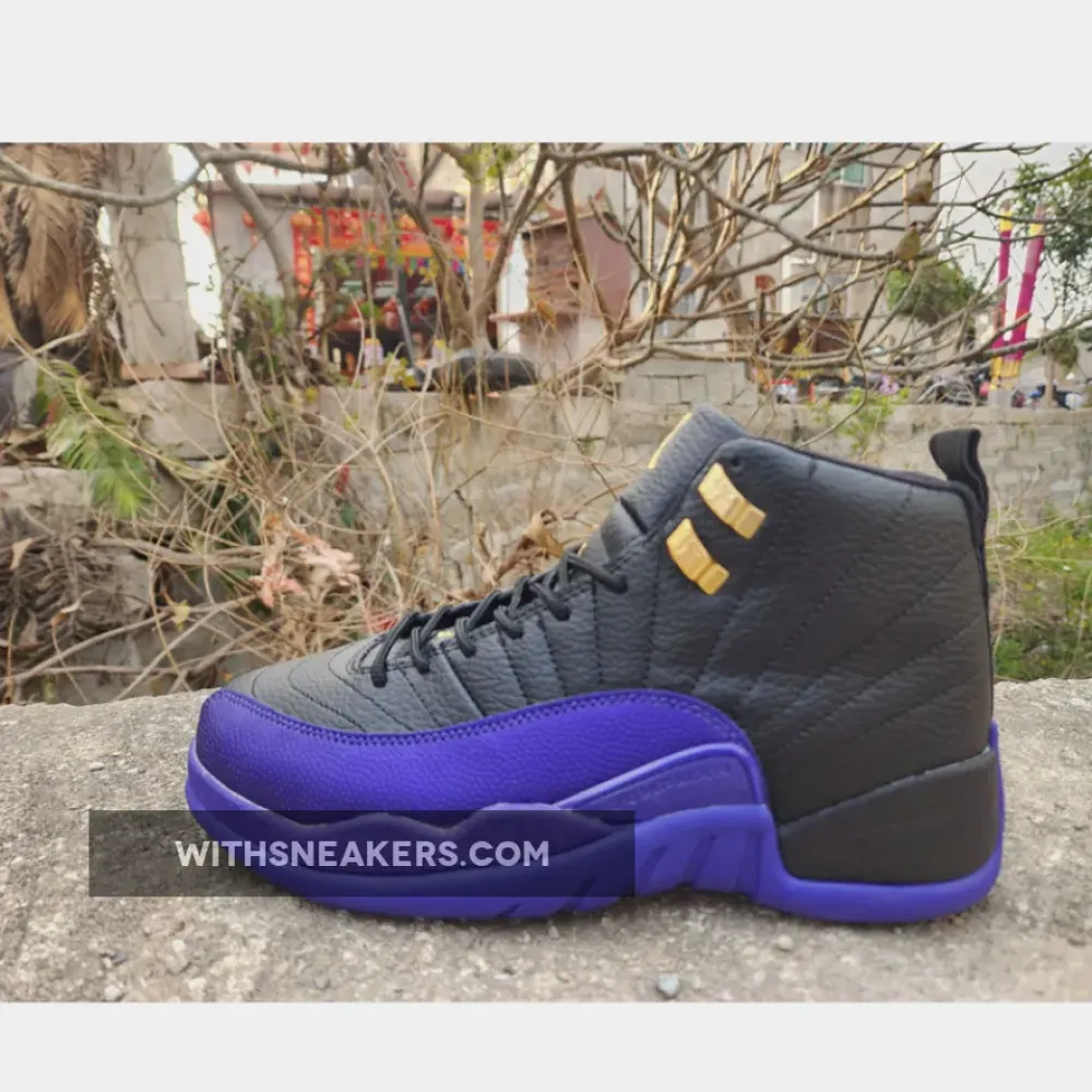 Air Jordan 12 Black Field Purple Taxi Gold Sneakers with Gold Accents. CT8013-057